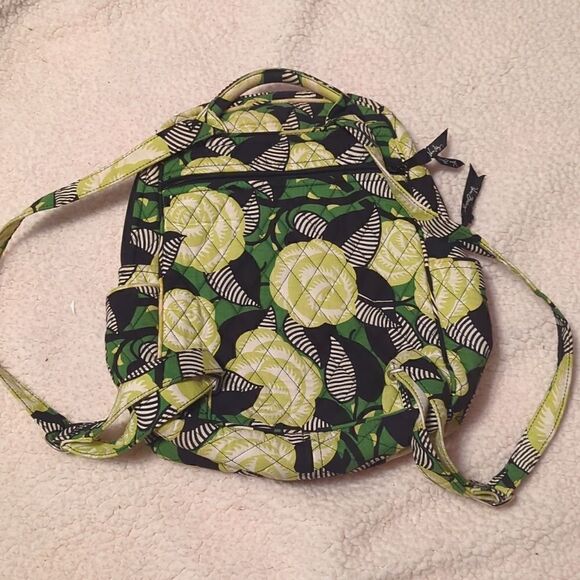 Vera Bradley Black White Green LaNeon Rose Floral Quilted Pockets Backpack 13x10 - Picture 2 of 11
